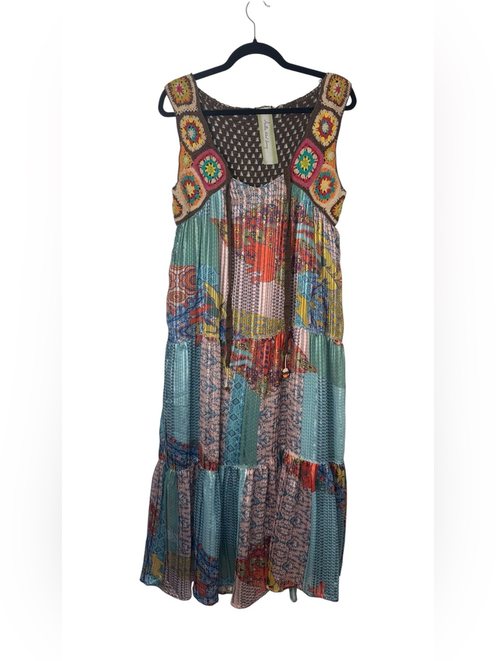 Aratta Silent Journey Crochet Bodice Maxi Dress Size M Boho Granny Square